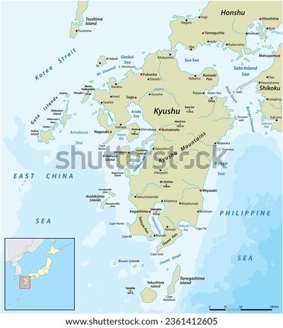 Vector map of the Japanese island of Kyushu