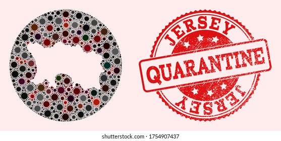 Vector map of Jersey Island collage of coronavirus and red grunge quarantine seal. Infection cells attack the lockdown territory from out space.