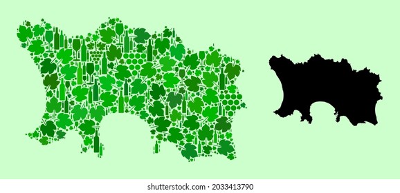 Vektorkarte von Jersey Island. Mosaik aus grünen Weinblättern, Weinflaschen. Karte von Jersey Island Mosaik bestehend aus Flaschen, Weintrauben, grünen Blättern.