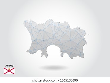 Vector map of Jersey with trendy triangles design in polygonal style on dark background, map shape in modern 3d paper cut art style. layered papercraft cutout design.