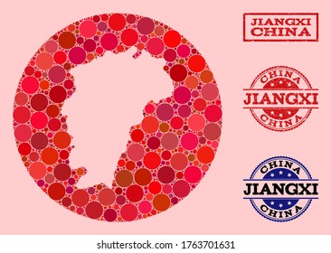 Mapa vectorial de la provincia de Jiangxi collage de elementos redondos y estampado de grunge rojo. Mapa redondo de resta del collage de la provincia de Jiangxi creado con círculos de varios tamaños y tintos de color rojo.