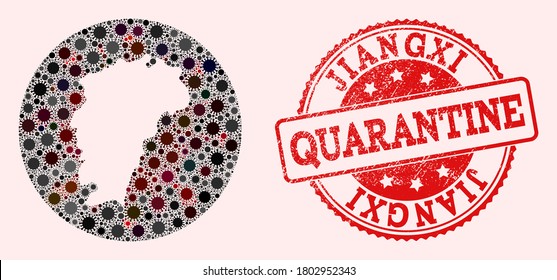 Vector map of Jiangxi Province collage of covid-2019 virus and red grunge quarantine seal stamp. Infection cells around the quarantine territory from out space.