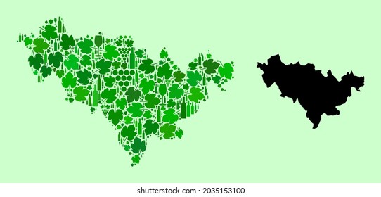 Vector Map of Jilin Province. Mosaic of green grapes, wine bottles. Map of Jilin Province mosaic created from bottles, grapes, green leaves. Abstract mosaic designed for alcohol shops agitprop.
