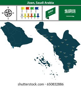 Vektorkarte der Region Jizan mit Flagge, Symbolen und Lage auf der saudi-arabischen Karte.
