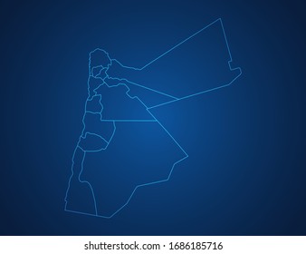 Mapa vectorial de la línea azul abstracta de Jordania escala sobre fondo oscuro.