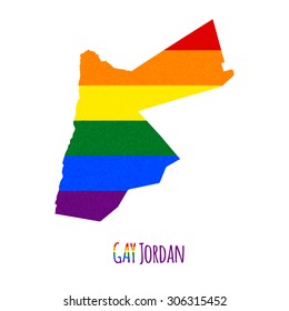 Vector map of Jordan in LGBT (lesbian, gay, bisexual, and transgender) flag colors and GAY Jordan caption on white background. Rainbow flag with denim textile texture.