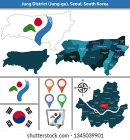 Vector Map Of Jung District Or Gu Of Seoul Metropolitan City In South Korea With Flags And Icons