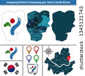 Vector map of Jungnang District or Gu of Seoul metropolitan city in South Korea with flags and icons