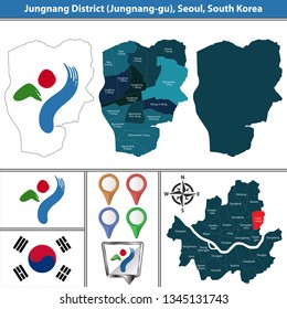 Vector map of Jungnang District or Gu of Seoul metropolitan city in South Korea with flags and icons