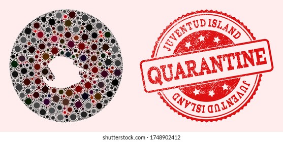 Mapa vectorial del collage de la isla Juventud del virus covid-2019 y sello de sellado de cuarentena de grunge rojo. Células de infección alrededor del territorio de cuarentena desde la zona externa.