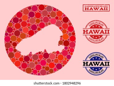 Vector map of Kahoolawe Island collage of circle spots and red scratched seal stamp. Hole circle map of Kahoolawe Island collage formed with circles in various sizes, and red shades.