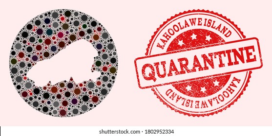 Vector map of Kahoolawe Island collage of flu virus and red grunge quarantine seal stamp. Infection cells attack the quarantine territory from external zone.