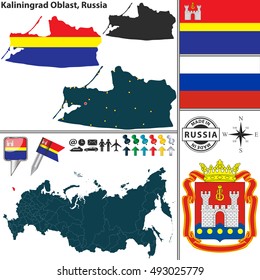 Vector map of Kaliningrad Oblast with coat of arms and location on Russian map