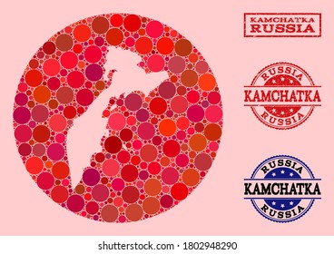 Vector map of Kamchatka Peninsula collage of round elements and red rubber stamp. Stencil round map of Kamchatka Peninsula collage composed with circles in different sizes, and red shades.