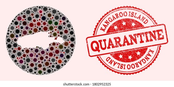 Vector map of Kangaroo Island collage of coronavirus and red grunge quarantine seal stamp. Infection cells around the quarantine territory from outside.