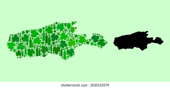 Mapa vectorial de la isla de Kangaroo. Collage de uvas verdes, botellas de vino. Mapa del mosaico de la isla Kangaroo diseñado con botellas, uvas, hojas verdes. Resumen mosaico útil para proyectos de barras.