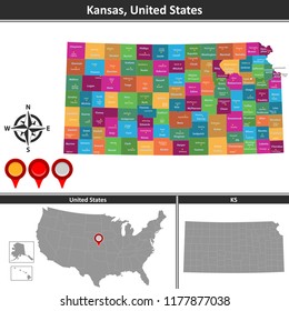 Vector map of Kansas with counties and location on US map