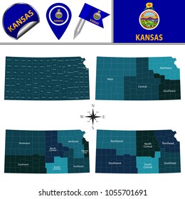 Vector map of Kansas with named regions and travel icons