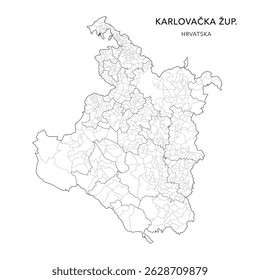 Mapa vetorial do condado de Karlovac (Karlovačka Županija) com povoações (Naselja) e cidades, cidades (Gradovi) e municípios (Općine) - Croácia 2025
