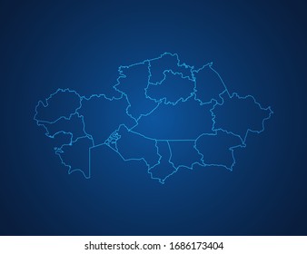 Mapa vectorial de la línea azul abstracta de Kazajistán escala sobre fondo oscuro.