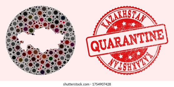 Mapa vectorial del collage de coronavirus de Kazajistán y sello de cuarentena de grunge rojo. Las células de infección atacan el territorio de cuarentena desde el exterior.