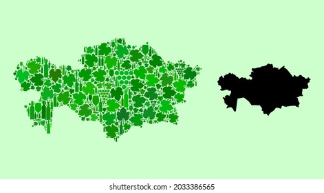 Vector Map of Kazakhstan. Composition of green grape leaves, wine bottles. Map of Kazakhstan collage formed with bottles, grapes, green leaves. Abstract collage designed for wine production posters.