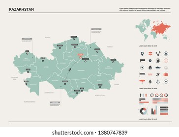 Vector map of Kazakhstan. High detailed country map with division, cities and capital Astana. Political map,  world map, infographic elements. 