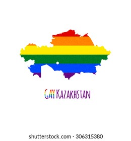 Vector map of Kazakhstan in LGBT (lesbian, gay, bisexual, and transgender) flag colors and GAY Kazakhstan caption on white background. Rainbow flag with denim textile texture.