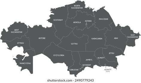 Mapa de Vector de Kazajistán con regiones, ciudades independientes y divisiones administrativas. Capas editables y claramente etiquetadas.