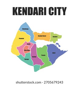 Vektorkarte der Stadt Kendari mit farbenfrohen Bezirksunterteilungen und gewagter Typografie. Umfasst Mandonga, Puuwatu, Kadia, Wua-Wua, Baruga, Kambu, Poasia, Abeli, Kendari Barat und Kendari.