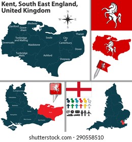 Vector Map Of Kent, South East England, United Kingdom With Regions And Flags