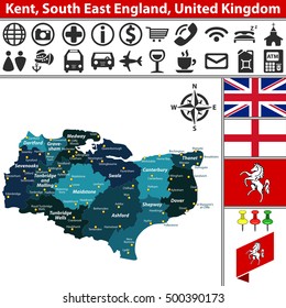 Vector map of Kent, South East England, United Kingdom with regions and flags