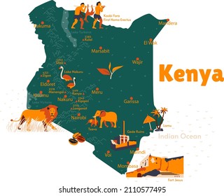 Vector map of Kenya. Sights. Historical places. Tourism. Cities. Guide. Africa. National parks of Africa. African animals. Mountains. Nairobi. First Ancient people. 