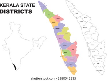 Vector Map of Kerala districts with color, Kerala and districts vector map illustration. Kerala state vector map drawing, India Kerala map vector graphics.