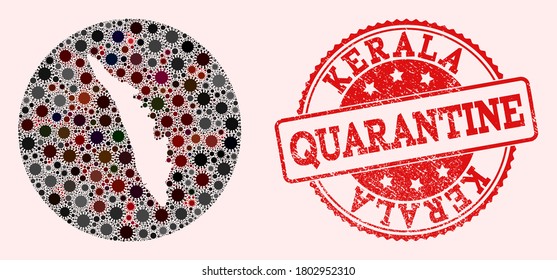 Vector Map Of Kerala State Collage Of Coronavirus And Red Grunge Quarantine Seal Stamp. Infection Cells Around The Quarantine Territory From Outside.