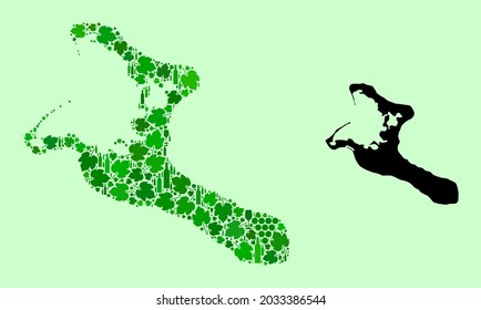 Mapa de vectores de la isla de Kiribati. Mosaico de hojas verdes de uva, botellas de vino. Mapa del mosaico de la isla de Kiribati creado a partir de botellas, uvas y hojas verdes.