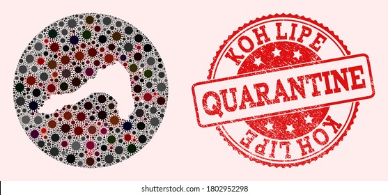 Vector map of Koh Lipe collage of SARS virus and red grunge quarantine seal stamp. Infection cells around the quarantine territory from outside.
