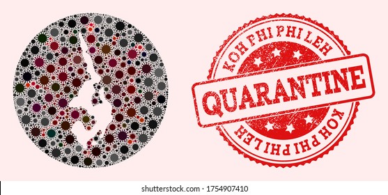 Vector map of Koh Phi Leh collage of SARS virus and red grunge quarantine seal. Infection cells around the quarantine territory from outside.