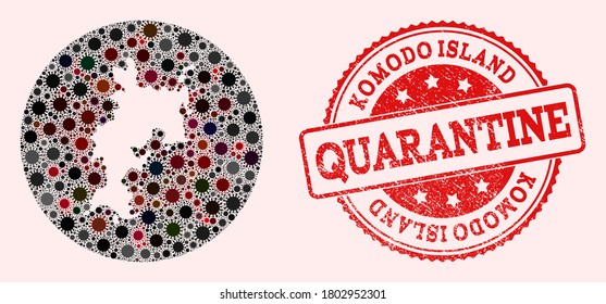 Vektorplan der Komodo-Inselsammlung mit Grippevirus und rotem Grunge-Quarantänestempel. Infektionszellen greifen das Quarantänegebiet aus dem Weltraum an.