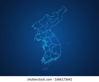 Vector map of Korea abstract blue line scales on dark background.