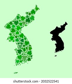 Mapa de vectores de Corea. Collage de hojas verdes de uva, botellas de vino. Collage del mapa de Corea creado con botellas, uvas, hojas verdes. Collage abstracto útil para proyectos de marketing.