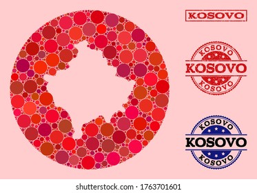 Vector map of Kosovo collage of circle elements and red grunge stamp. Stencil circle map of Kosovo collage composed with circles in various sizes, and red color tints.