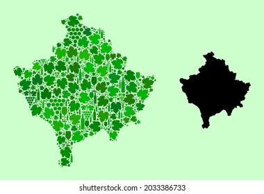 Vector Map of Kosovo. Composition of green grapes, wine bottles. Map of Kosovo mosaic designed from bottles, grapes, green leaves. Abstract mosaic designed for wine production posters.