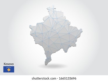 Vector map of Kosovo with trendy triangles design in polygonal style on dark background, map shape in modern 3d paper cut art style. layered papercraft cutout design.