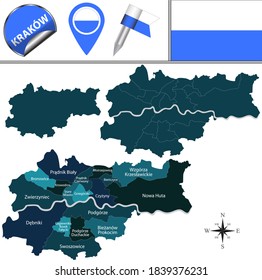 Vector map of Krakow, Poland with named districts and travel icons