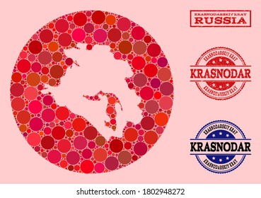 Vector map of Krasnodarskiy Kray collage of spheric blots and red grunge seal. Subtraction round map of Krasnodarskiy Kray collage formed with circles in variable sizes, and red color tones.