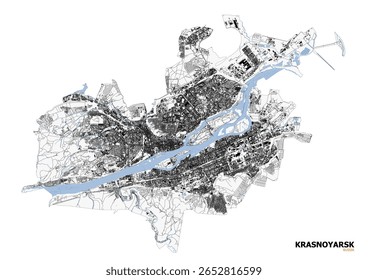 Vector map of Krasnoyarsk, Russia. Features highways, the vast Yenisei River, and urban industrial areas. Highlights its role as a key Siberian industrial, scientific, and transport hub.