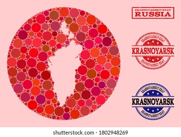 Mapa vectorial del collage Kray Krasnoyarskiy de objetos redondos y sello de la marca de agua roja. Mapa redondo de hoyo del collage Kray Krasnoyarskiy creado con círculos de tamaños variables y tonos de color rojo.