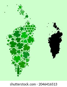 Mapa vectorial de Kray Krasnoyarskiy. Combinación de uvas verdes y botellas de vino. Mapa del mosaico Kray Krasnoyarskiy diseñado con botellas, uvas, hojas verdes.