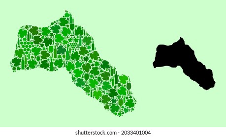 Vector Map of Kurdistan. Mosaic of green grape leaves, wine bottles. Map of Kurdistan mosaic created with bottles, grapes, green leaves. Abstract collage designed for wine production illustrations.